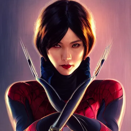 Image similar to Ada Wong as Spider-Woman, western, D&D, fantasy, intricate, elegant, highly detailed, digital painting, artstation, concept art, matte, sharp focus, illustration, art by Artgerm and Greg Rutkowski and Alphonse Mucha