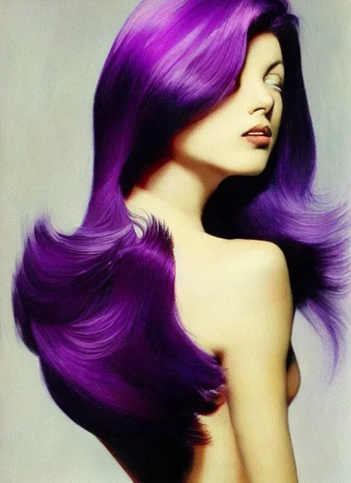 Prompt: purple voluminous hair, strong line, vibrant color, beautiful! coherent! by frank frazetta, high contrast, minimalism