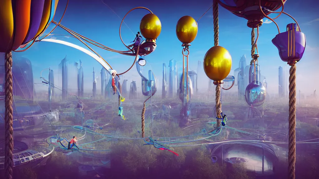 Image similar to large colorful futuristic space age metallic steampunk balloons with pipework and electrical wiring around the outside, and people on rope swings underneath, flying high over the beautiful futuristic city landscape, professional photography, 8 0 mm telephoto lens, realistic, detailed, digital art, unreal engine