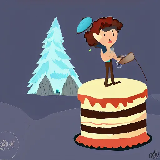 Image similar to an adventurer finding a cake in a dark mysterious cave, digital art