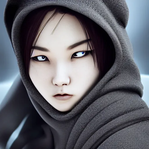 Prompt: chinese girl with black hoodie. insanely detailed. by pixiv. zbrush sculpt, octane, maya, houdini, vfx. close - up cinematic dramatic atmosphere, sharp focus, volumetric lighting.