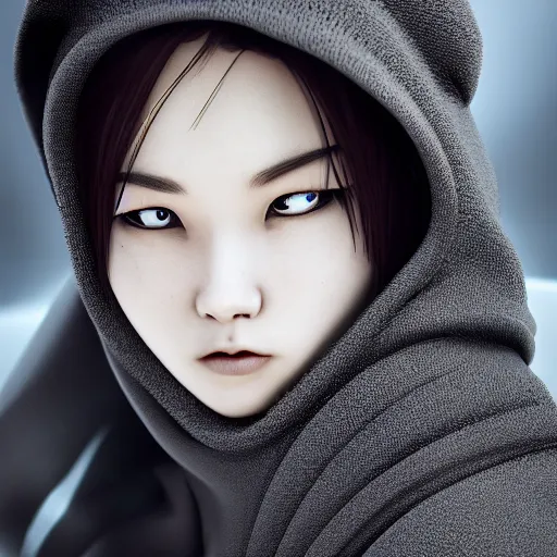 ninja, black hair, little girl, hood, - AI Photo Generator - starryai