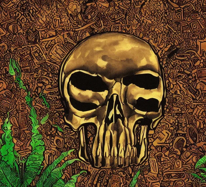 Image similar to mayan temple in form of punisher skull. background jungle