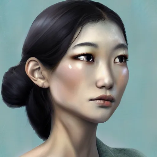 Prompt: the face of an oriental woman the left face is a mechanical structure the eyes glow, artstation