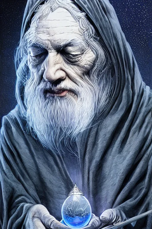 Image similar to gandalf the wizard in a hooded cloak gazing into a crystal ball, high details, intricately detailed, by vincent di fate, artgerm julie bell beeple, inking, screen print