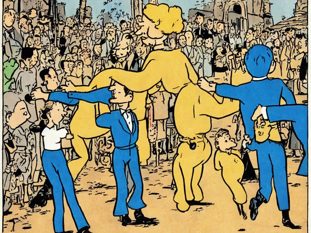 Image similar to Tin Tin original illustration by Hergé: Tin Tin gets married