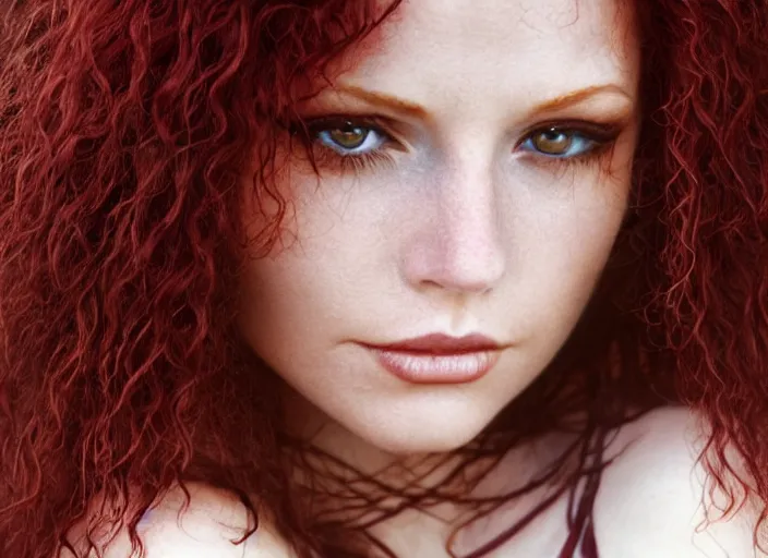 Prompt: award winning 8 5 mm close up face portrait photo of a redhead with maroon wavy hair in a part by luis royo.