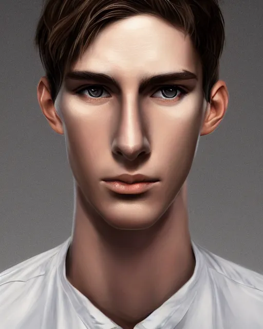 Image similar to portrait of 1 5 - year - old boy, a tall, slender boy with a pale, pointed face, sleek blond hair, and ice grey eyes, wearing in shirt, hyper realistic face, beautiful eyes, character art, art by mark brooks, hyperdetailed, cryengine, trending on artstation, digital art