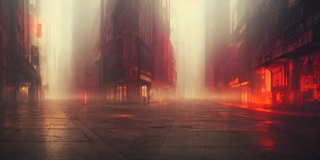 Image similar to deserted cyberpunk style city street, fog, rain, neon sign, volumetric lighting, beautiful, golden hour, sharp focus, ultra detailed, cgsociety