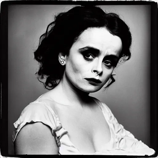 Prompt: photo of Helena Bonham Carter by Diane Arbus, black and white, high contrast, Rolleiflex, 55mm f/4 lens
