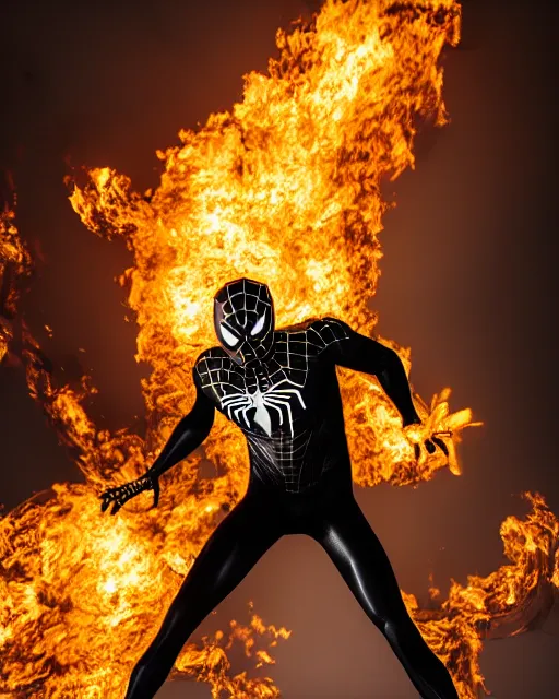 Image similar to photograph of a black and gold suit spider - man stood infront of a blazing inferno, dslr, cinematic, volumetric lighting, 8 k resolution, photorealistic