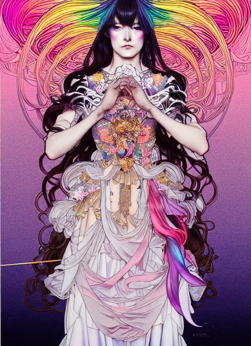Image similar to highly detailed ayami kojima artgerm terada katsuya artstation manga poster of princess mechine, rainbow gradient reflection, long hair, armor, dress, laces, ruffles, 8 k, maximalist,, jump comics, tomer hanuka, alphonse mucha