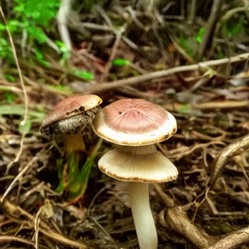 Image similar to real iphone photo of a carnivore mushroom with teeth, few insects corpses next to it