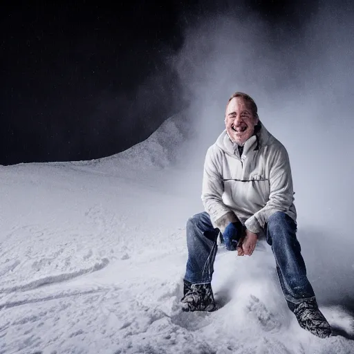 Image similar to Christoph Daum smiling at a pile of white powder, 50mm f 1.8, award winning photograph
