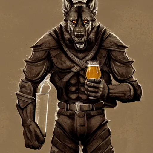 Image similar to a humanoid german shepherd beast - man in military style, holding a bottle of beer, artstation, concept art, smooth, sharp foccus ilustration, artstation