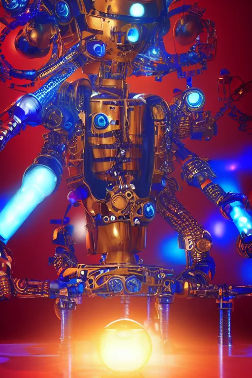 Prompt: portrait photo of a giant huge golden and blue metal humanoid female steampunk robot singer with headphones and gears and tubes, in the foreground is a big red glowing microphone on a tripod, eyes are glowing red lightbulbs, shiny crisp finish, 3 d render, 8 k, insaneley detailed, fluorescent colors, background is multicolored lasershow