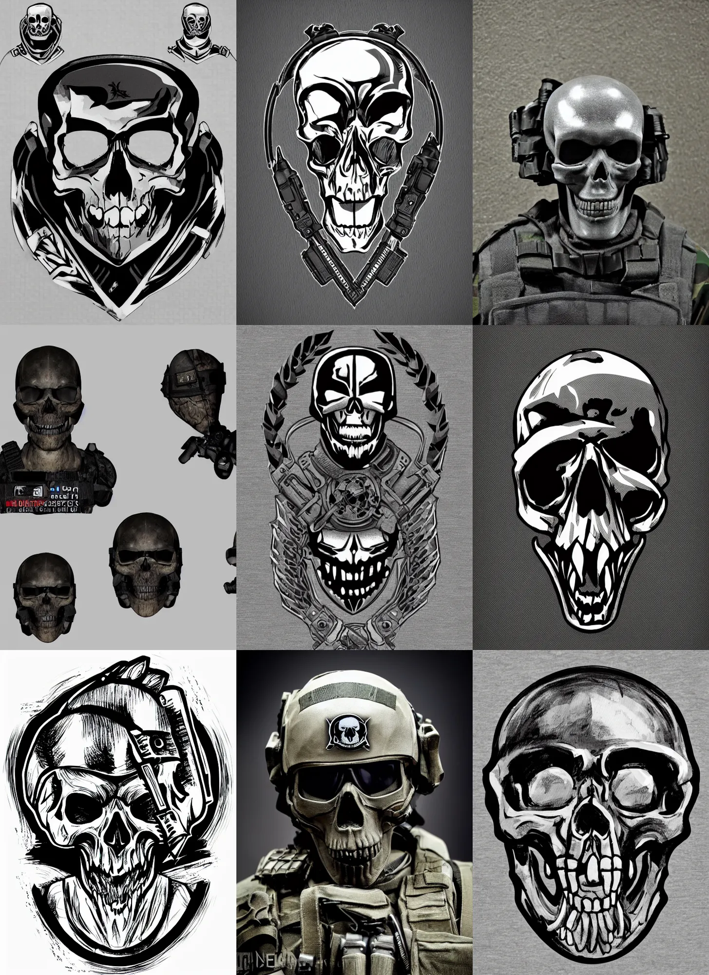 Prompt: spec - ops head, ( ( skull - logo on top ) ), special forces, dark design