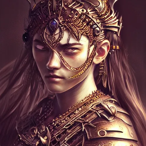 Image similar to beautiful extremely detailed intricate concept art depicting a warrior by wlop. shining jewelry.