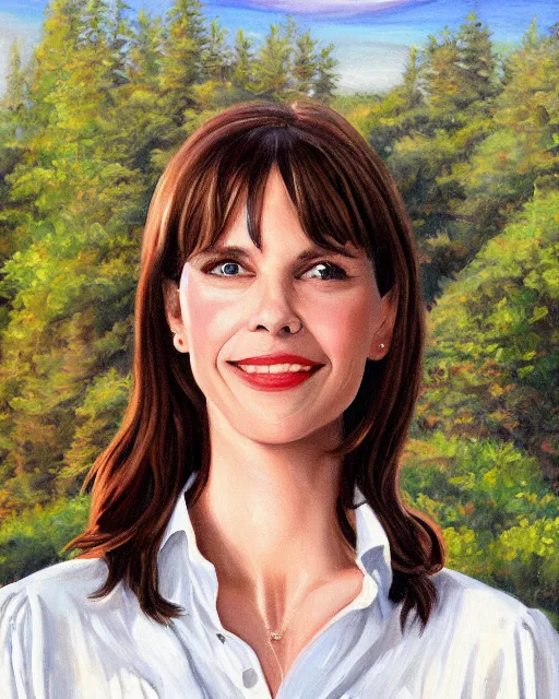 Prompt: a portrait painting of sabrina lloyd / perdita weeks / nicole de boer hybrid oil painting, gentle expression, smiling, elegant clothing, scenic background, behance hd by larry elmore