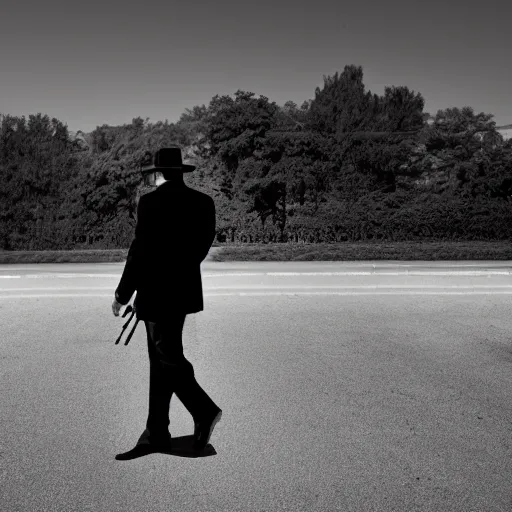 Image similar to a mysterious man in a black suit and black hat is walking towards camera. he has a pistol. strong shadows, high contrast, atmospheric