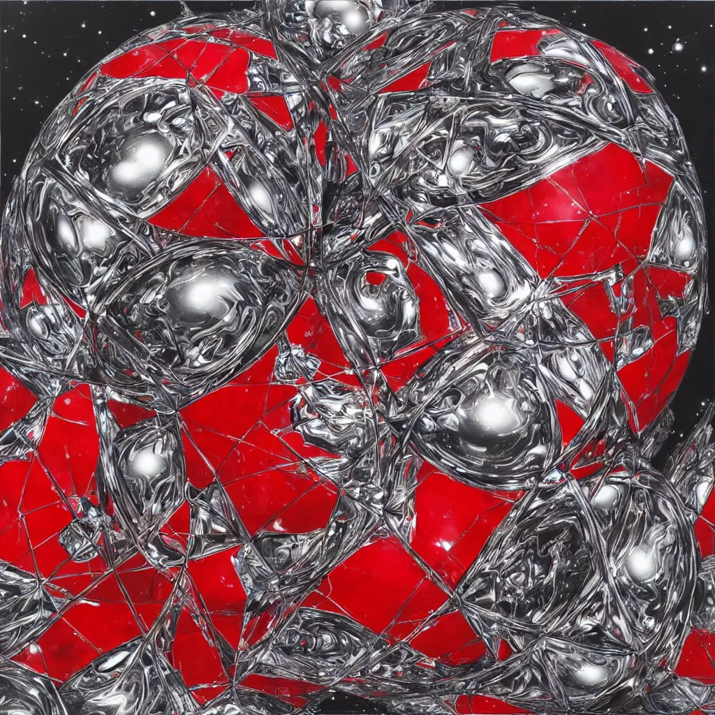 Image similar to chrome spheres on a red cube by ayami kojima