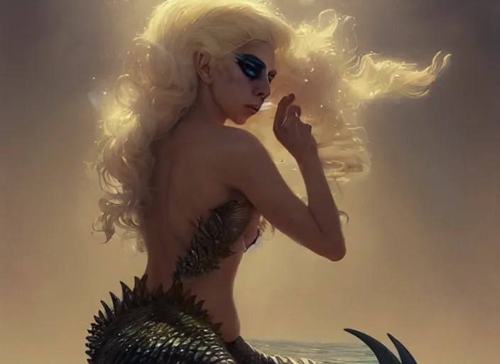 Prompt: lady gaga as a mermaid, intricate, sharp focus, lens flare, bloom, illustration, highly detailed, digital painting, concept art, matte, art by ruan jia and wlop and greg rutkowski