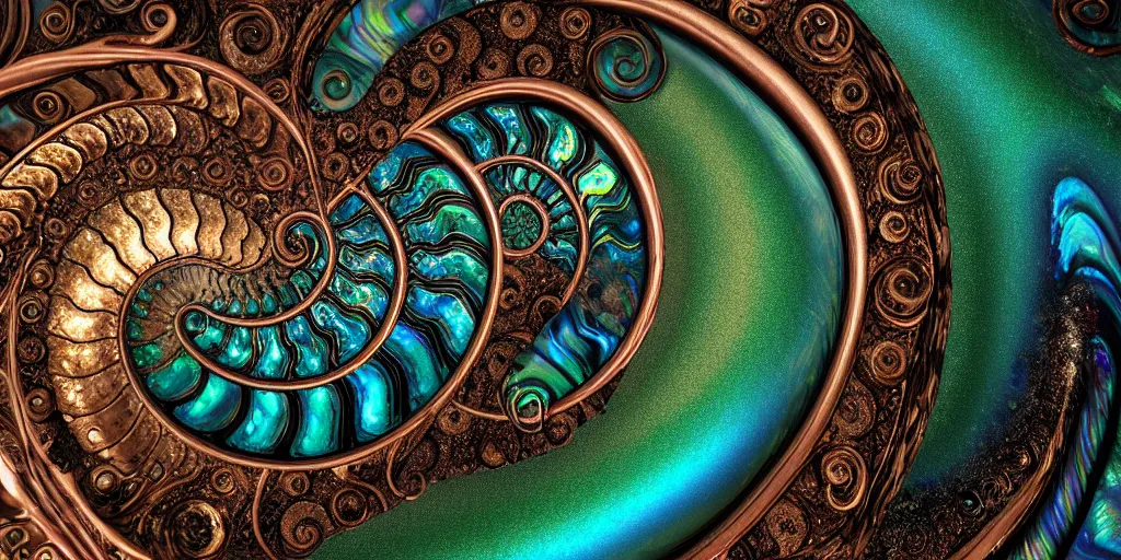 Image similar to cinematic landscape, art nouveau cresting oil slick waves, ammonite, bubbles in a shiny iridescent oil slick wave, black opals, ornate copper patina art nouveau spiral ornament, rococo, organic rippling spirals, hyperdetailed photorealistic ultrasharp octane render