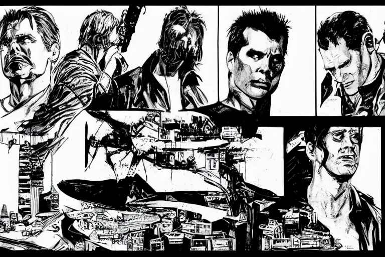 Image similar to jim carrey in the blade runner, a page from cyberpunk 2 0 2 0, style of paolo parente, style of mike jackson, adam smasher, johnny silverhand, 1 9 9 0 s comic book style, white background, ink drawing, black and white