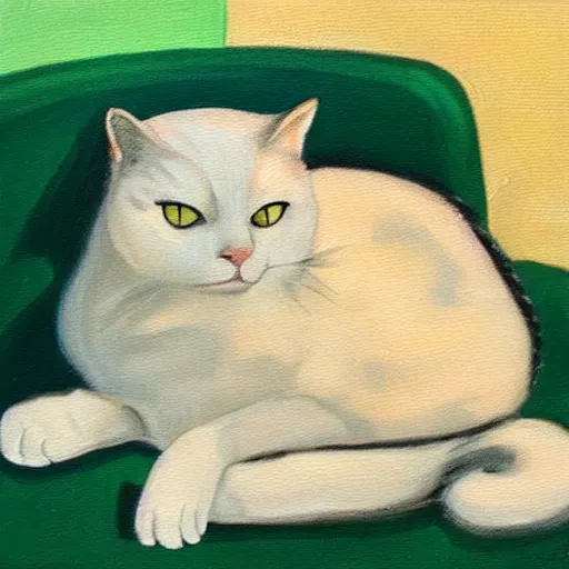 Prompt: a lonely cat laying on a green chair, oil painting