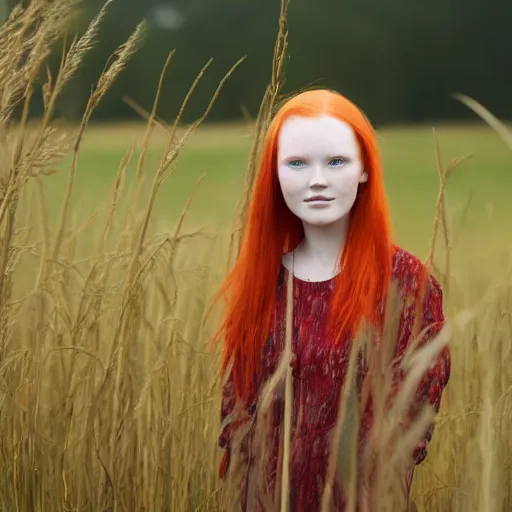 Prompt: young red head girl standing on the filed with green tall grass, cloudy weather, 30mm, by Noah Bradley