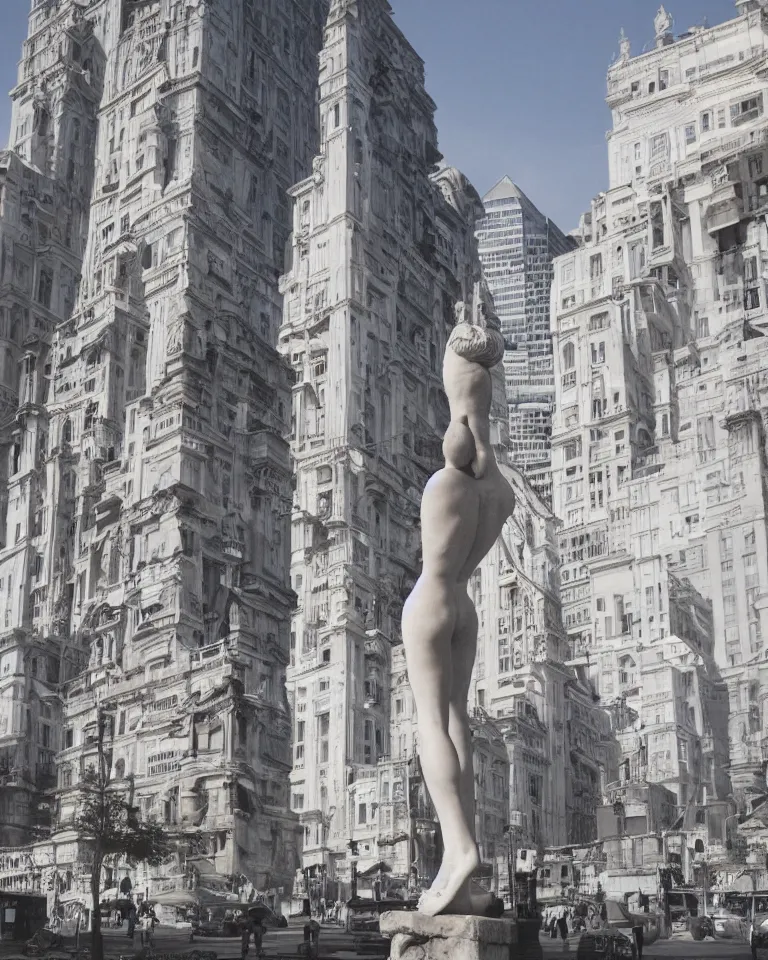 Prompt: an achingly beautiful roman marble sculpture standing alone amid a bustling futuristic metropolis.