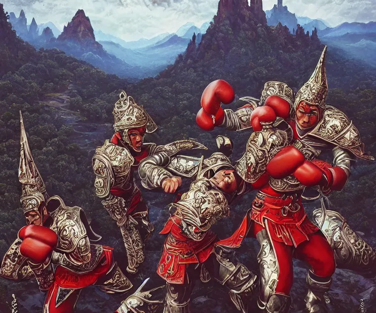 Image similar to wide angle shot from above of silver ornate armor slim muay thai handsome warriors in battle!!! mountains and giant gothic abbeys in the background, hyperrealism, fine detail, 8 k, high contrast color scheme, blue at the background red at the foreground!!!, dynamic perspective, oil canvas by mandy jurgens and michael whelan