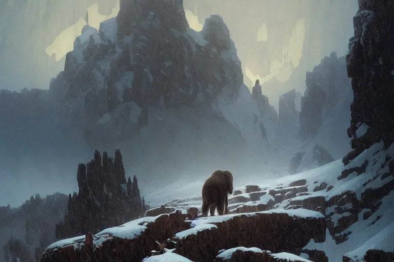 Image similar to a mammoth walking in a terrible snowstorm, luminous sky, by greg rutkowski and alphonse mucha, gradient brown to white, rocky mountains background, highly detailed landscape, digital painting, artstation, concept art, smooth, sharp focus illustration