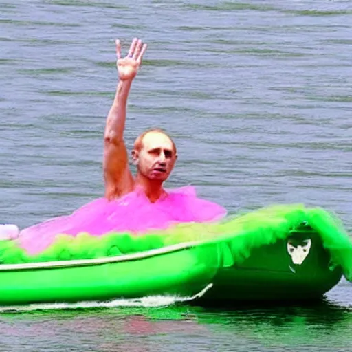 Image similar to ( ( green putin wearing a pink tutu ), on a boat on a lake!!!!!!!!!!!!