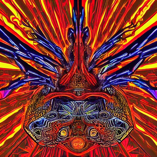 Prompt: three - headed cyberpunk flaming hell chicken, sacred geometry background, alchemy, merkabah, psychedelic, pop art in the style of frank lloyd wright