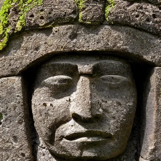 Prompt: photograph of an imposing olmec head carved into a mossy stone wall with ornate incan patterns