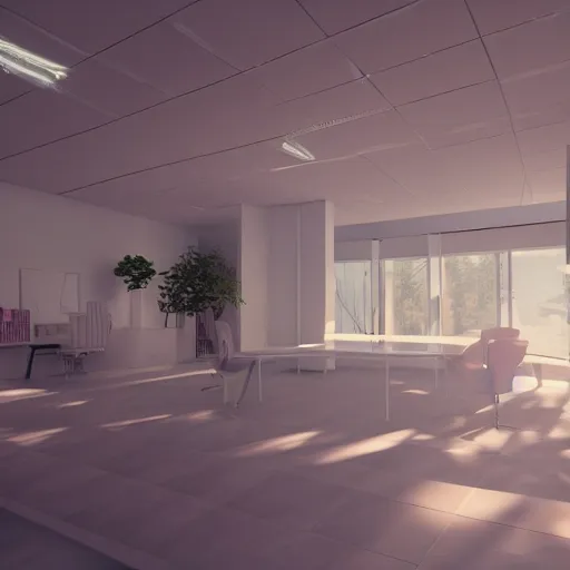 Image similar to a white empty pink office with sun rays looming down, with a pool inside, dynamic lighting, photorealistic concept art, trending on art station, stunning visuals, creative, cinematic, ultra detailed, ray tracing