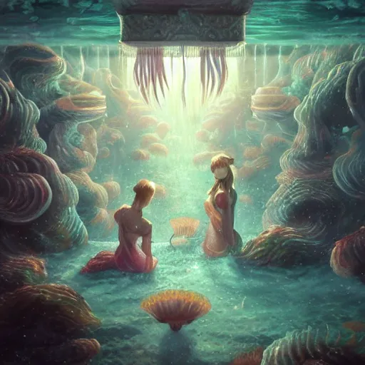 Prompt: A painting of priestesses worshipping at the jellyfish temple, shrouded in mist, jellyfish god, undersea temple, 8K, illustration, art by artgerm and Makoto Shinkai and Hitoshi Ashinano, smoke, cinematic, atmospheric, insanely detailed and intricate, hypermaximalist, elegant, super detailed, award-winning, puce and vermillion, mysterious, ancient, ritual, ethereal, forgotten lore, artstation HQ