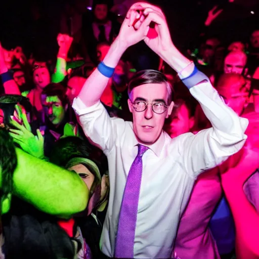 Image similar to jacob rees - mogg at a rave surrounded by dayglo ravers, dramatic angle