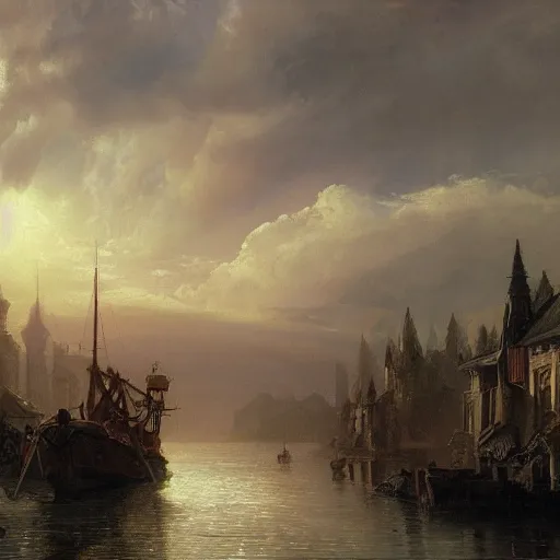 Image similar to detailed painting of lake town from lord of the rings retroscifi interior, volumetrics lights, beam of bright lights through the clouds, andreas achenbach