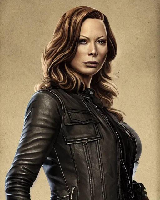 Prompt: Rebecca Ferguson in sons of anarchy tv show, wearing samcrow leather jacket, D&D style , highly detailed, digital art, trending on artstation, smooth, sharp focus, illustration, art by artgem and ROBERT HYNES