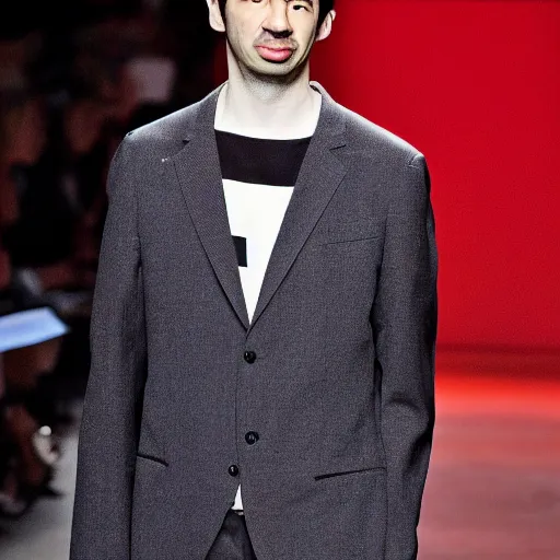 Image similar to Nathan Fielder on the runway modeling avant-garde Yohji Yamamoto clothes