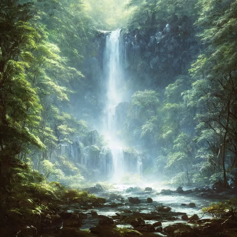 Image similar to A beautiful oil painting of a very tall waterfall on a very rocky cliff, in the middle of a huge forest of trees with bright blue glowing leaves, by Greg Rutkowski