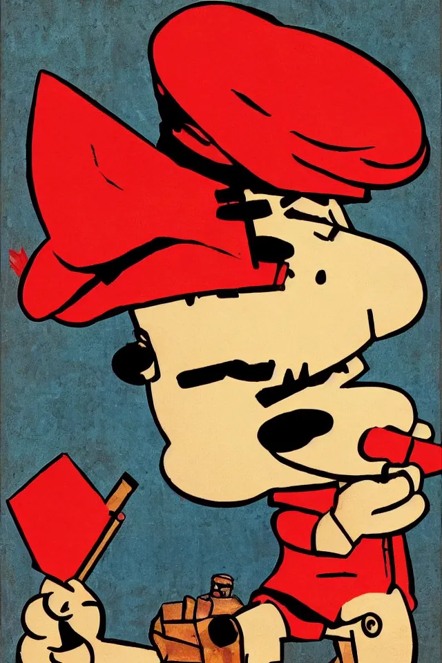 Prompt: an epic socialist realism poster of a singular communist snoopy in a red beret smoking a blunt for the proletariat