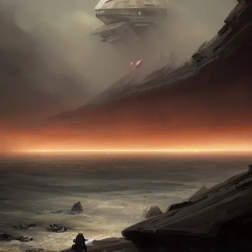 Image similar to star wars concept art by greg rutkowski, low shot a palatial and imposing grey wide rectangle emerging from the sea in the middle of a ocean landscape, enigmatic atmosphere, beautiful and cinematic lighting, artstation hq.