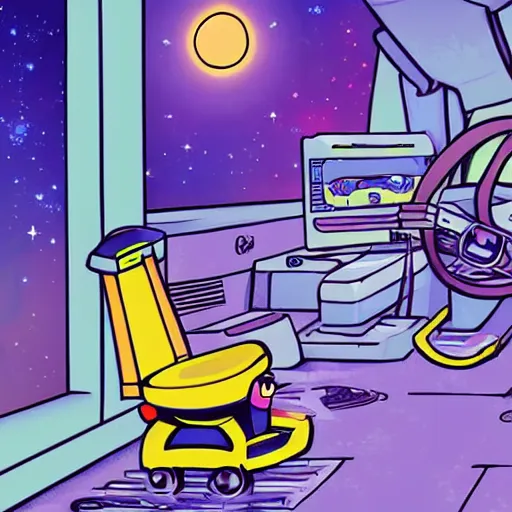 Image similar to a raccoon janitor messing with the controls on a spaceship, fantasy illustration cartoon