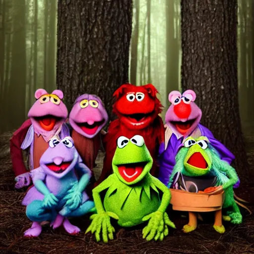 Prompt: demonic muppets in magical forest, kermit, miss piggy, gonzo, dark atmosphere, soft lighting, high detail, 8 k