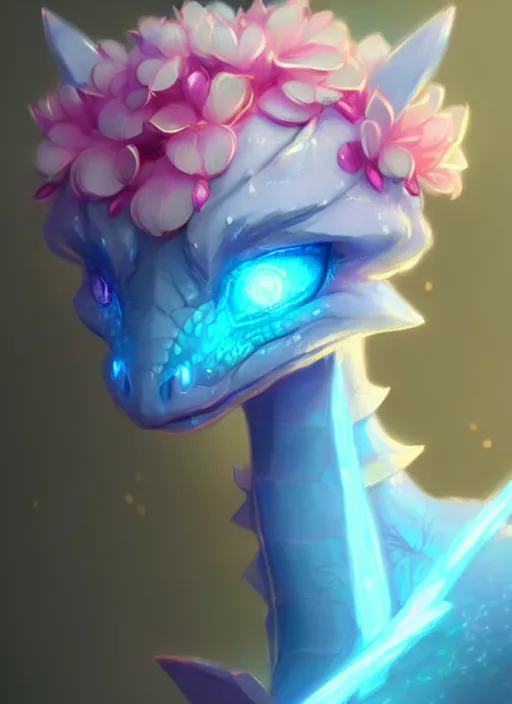 Image similar to cute little dragon, flowers, neon blue, light pink, gold, diamonds, highly detailed, artgerm, cushart krenz, artstation, soft light, sharp focus, illustration, character design, concept art