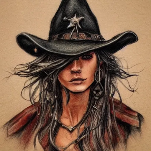 Image similar to beautiful cowboy witch, wild west, detailed, concept art, colored pencil drawing, trending on artstation