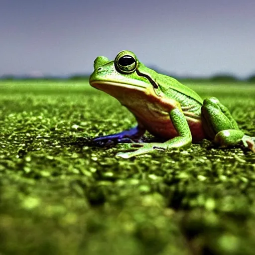 Image similar to a frog standing upright in the middle of a gigantic field, he is lost